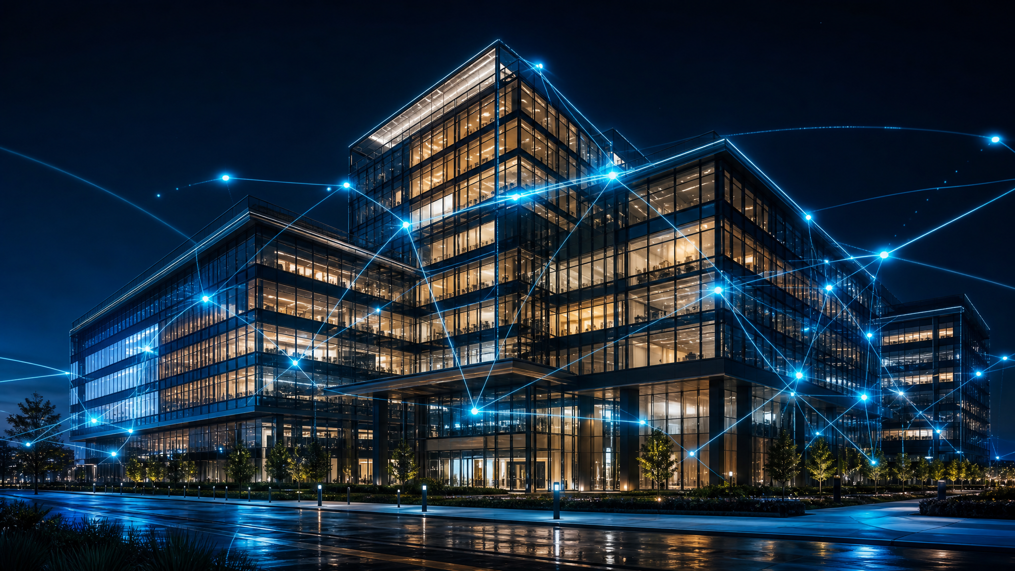 Modern enterprise campus building at night with fiber optic network overlay