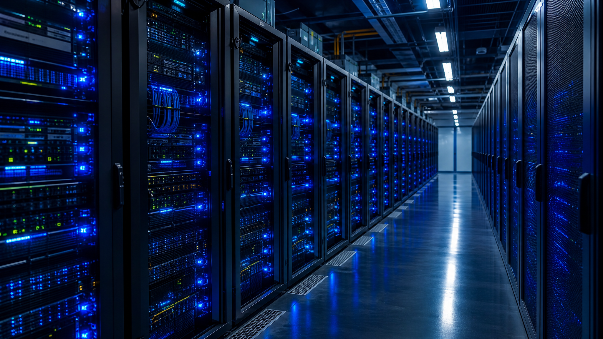Modern enterprise data center with server racks and blue lighting