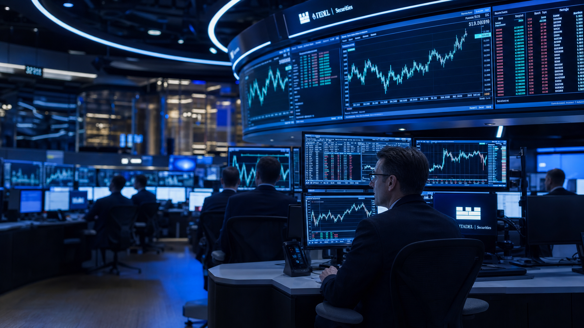 High-frequency trading floor with multiple monitors showing financial data