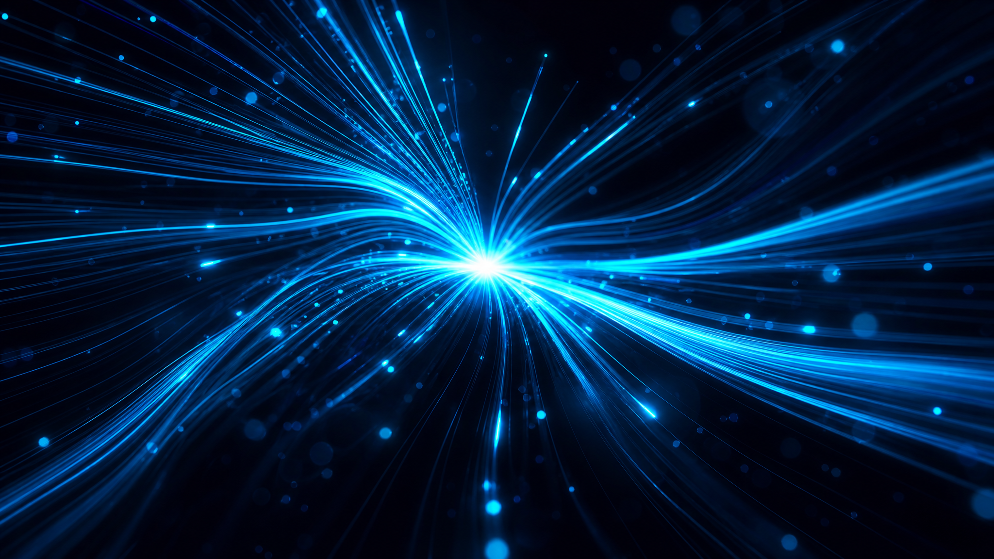Fiber optic light strands radiating with cyan glow on dark background