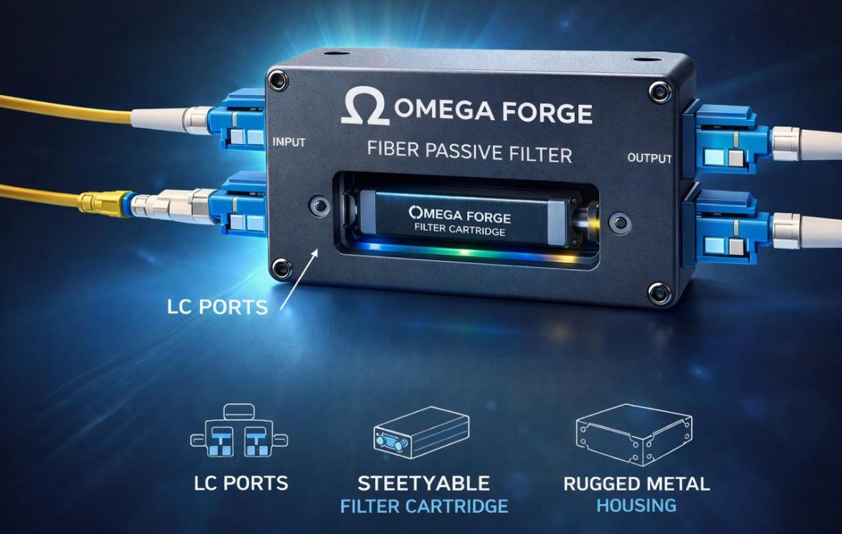 Omega Forge Fiber Passive Filter — rugged metal housing with LC ports and steerable filter cartridge