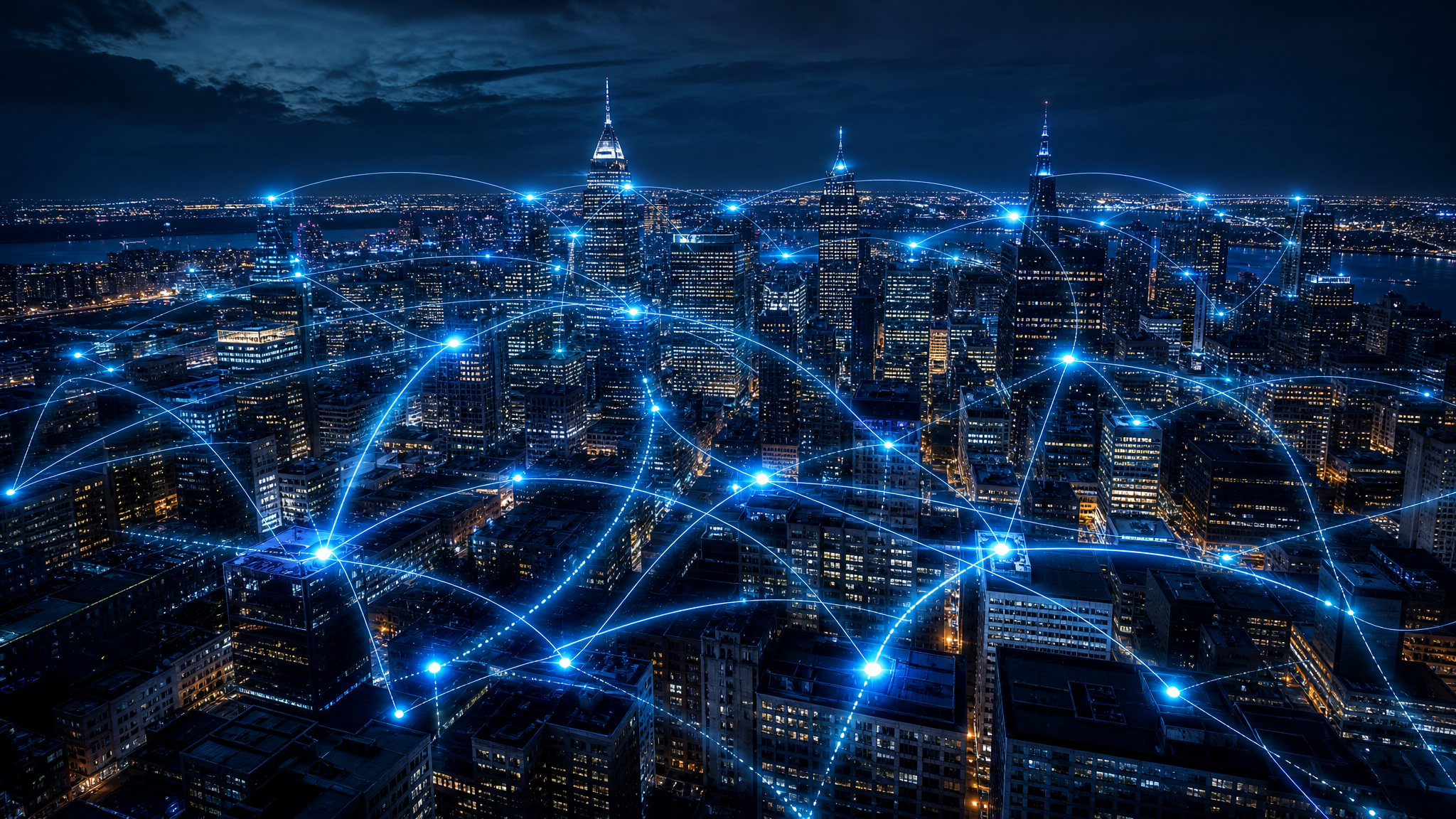 Aerial view of a city at night with illuminated fiber optic network connections