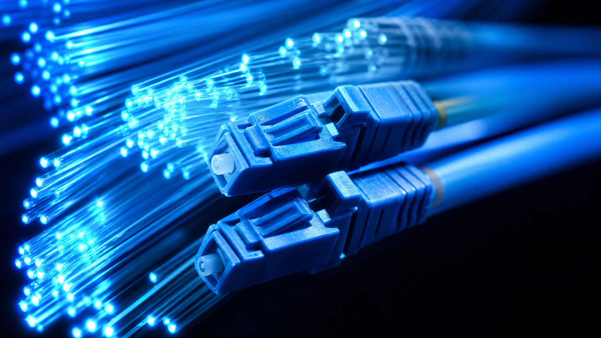 Close-up of fiber optic cables and connectors glowing with blue light